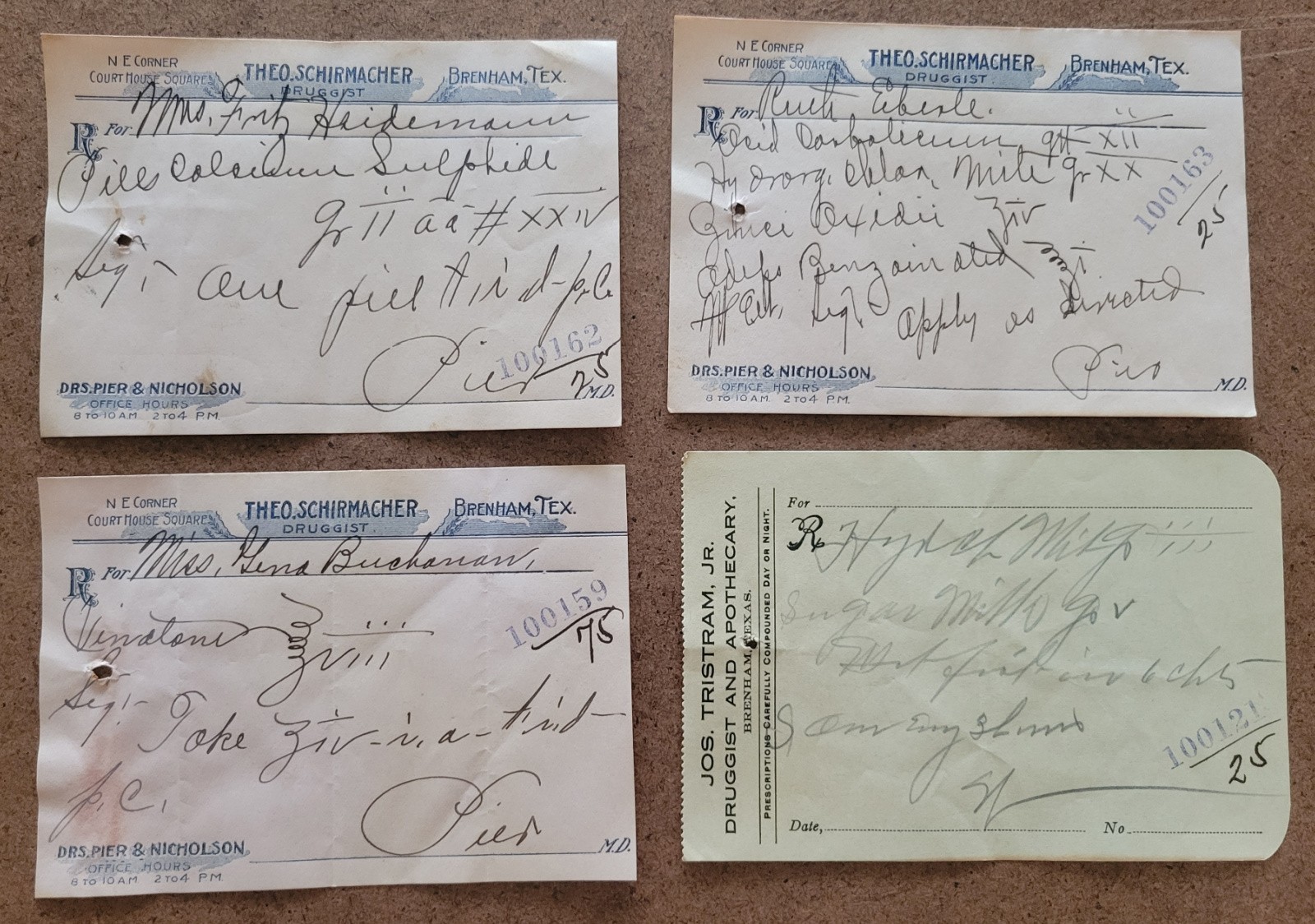 13 ORIGINAL 1912 ANTIQUE PRESCRIPTIONS from Brenham, Texas