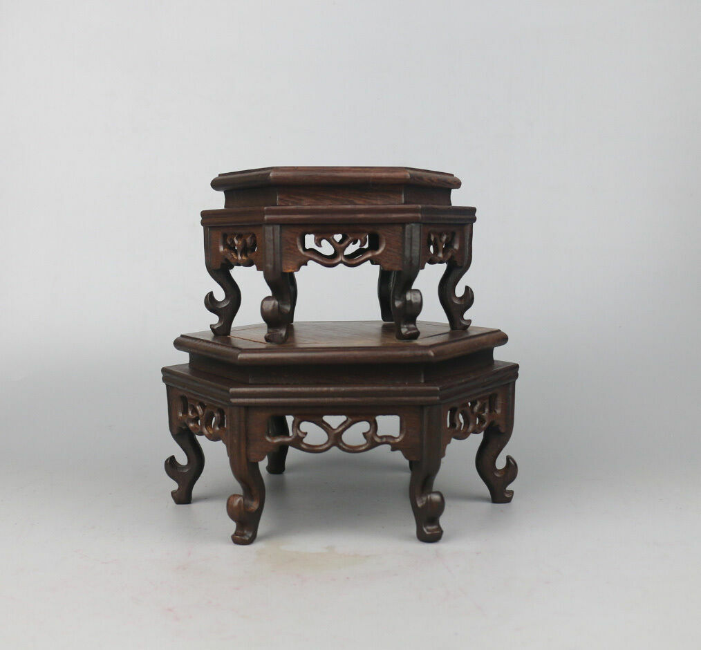 stand display brown Ji-chi wood carving Chinese 1 set 2 pc hexagonal wooden base