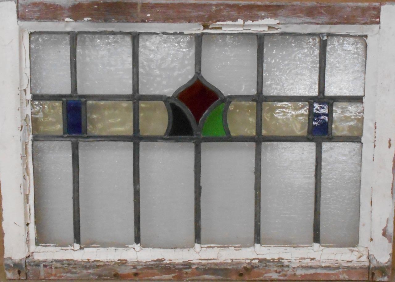 PRETTY SIMPLE MIDSIZE OLD ENGLISH LEADED STAINED GLASS WINDOW 25 1/2″ x 17 3/4″