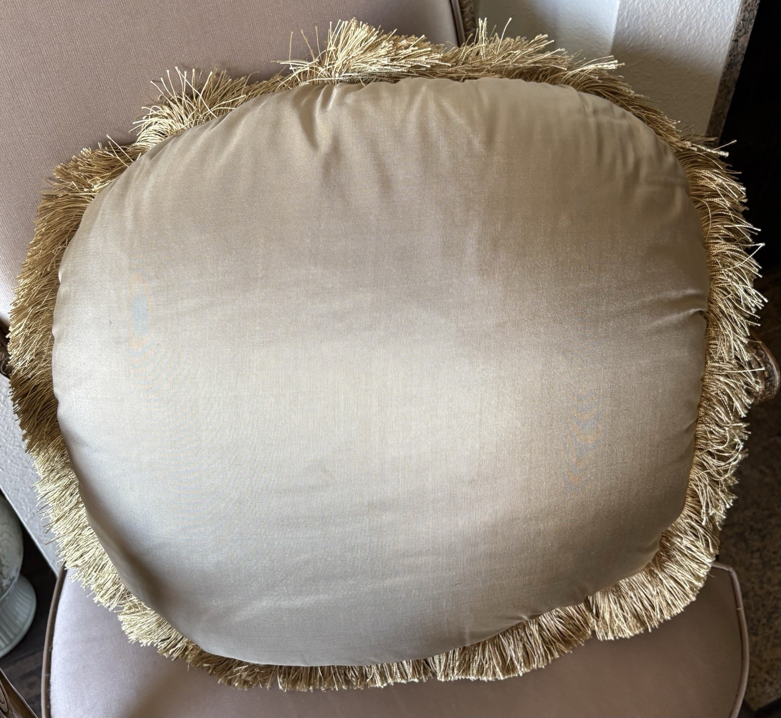 Two Antique Tapestry & Silk Handmade Cushions Oval Shaped 20” x 17”
