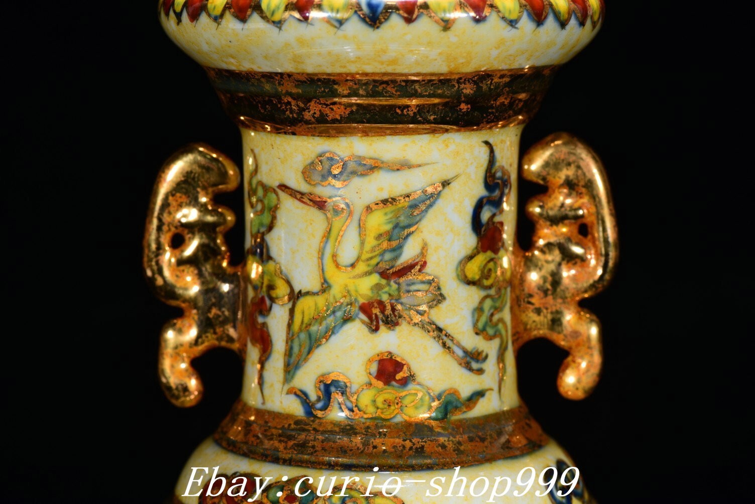 10″ Ming Dou Cai Porcelain Gilt Double Ears Dragon Phoenix Bird Bottle Vase Pair