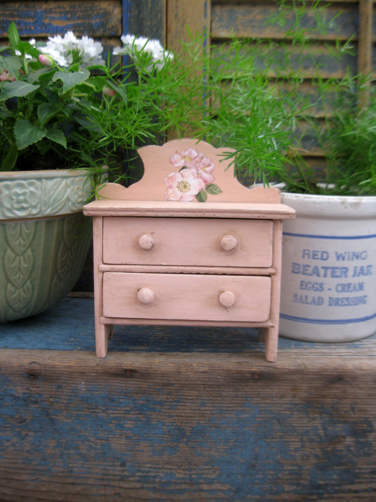 Very Small Antique Wood Doll’s Dresser New Blush Pink Milk Paint Rose Transfer