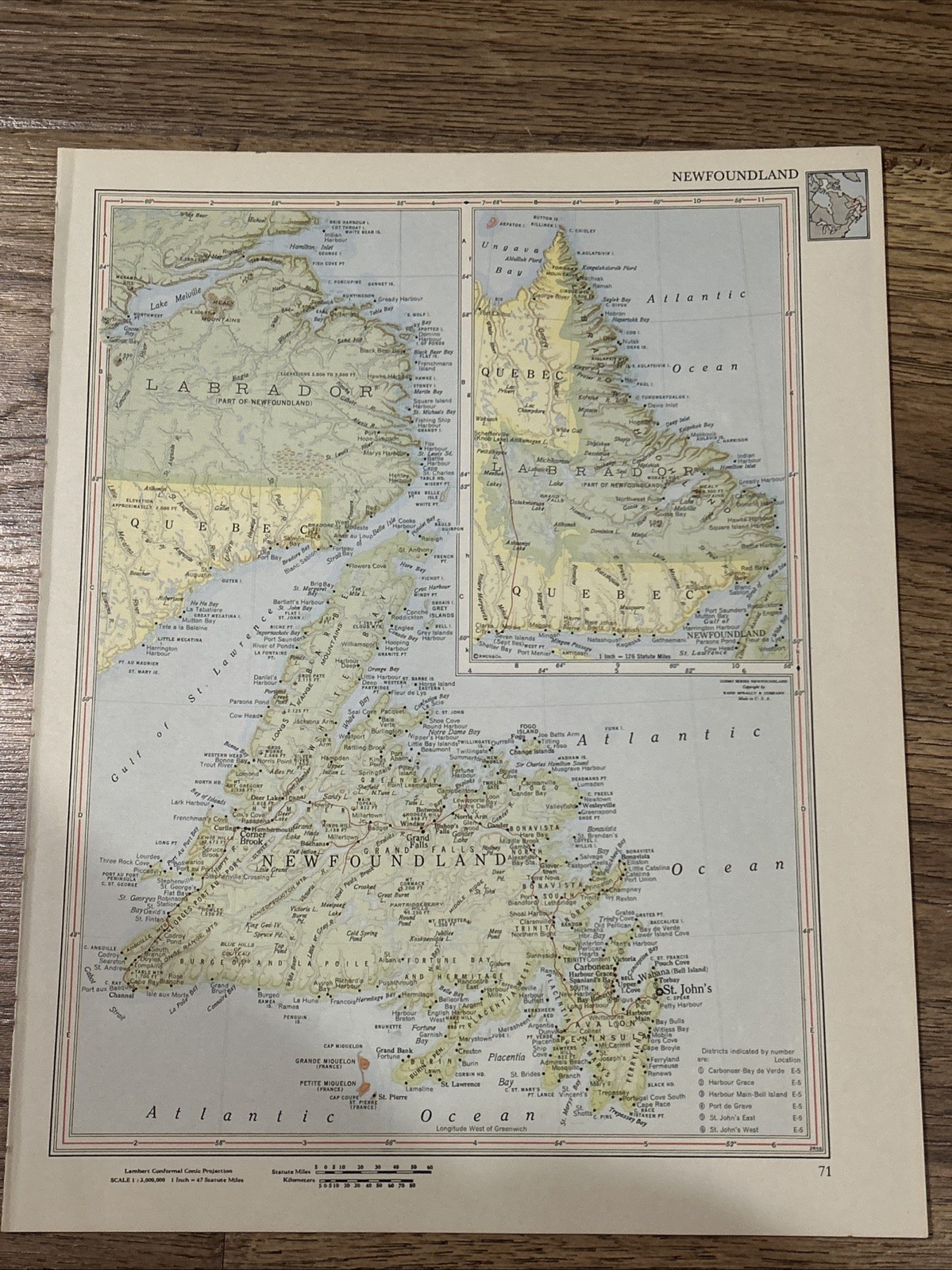 Antique 1956 Map Of Newfoundland Canada 14”x11”