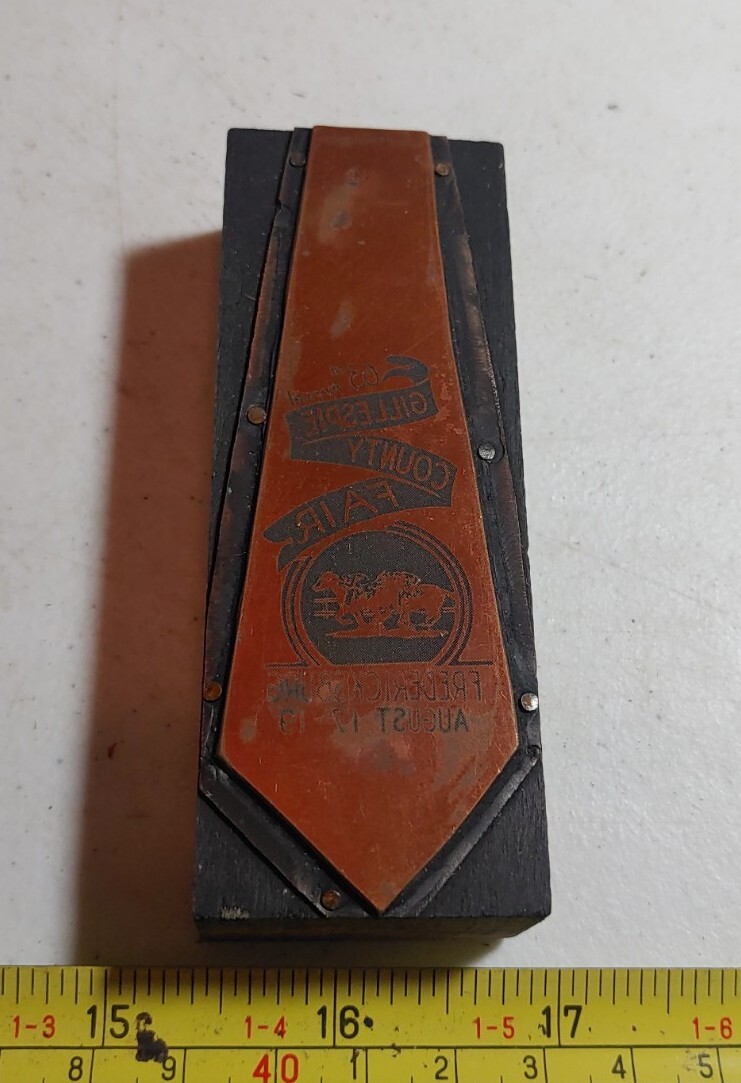 Vtg Letterpress Printing Block Gillespie County Fair Fredericksburg Horse Ribbon