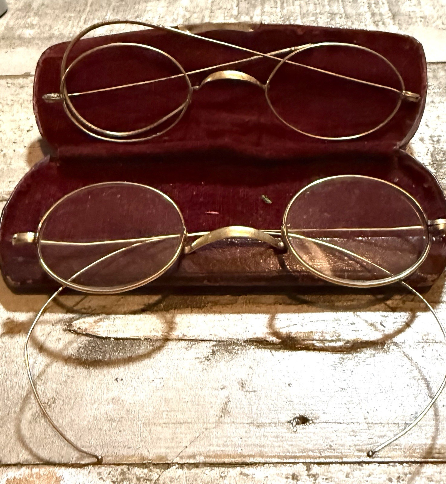 Antique Pair 1880s wire gold eyeglasses TWO w/case One As Is