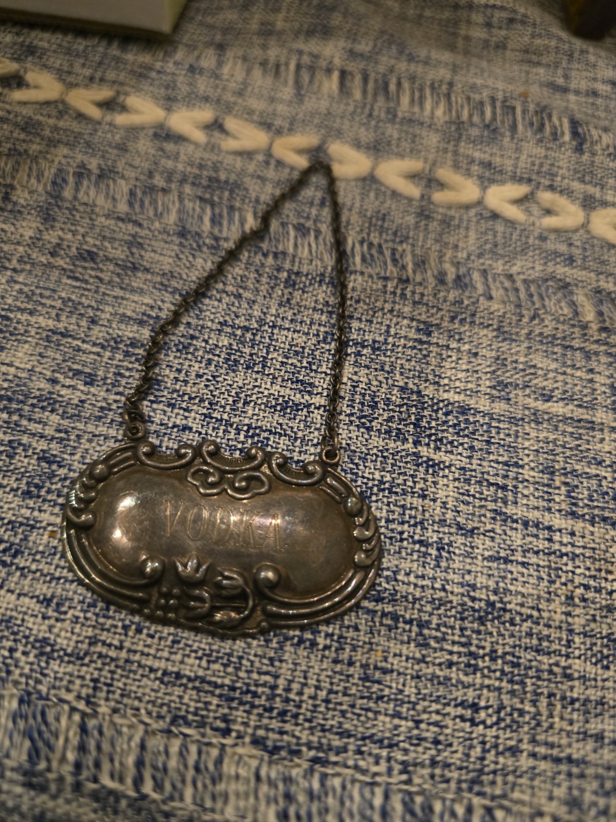 Vintage Ornate Sterling Silver Vodka Decanter Label Bottle Tag 925 Repousse