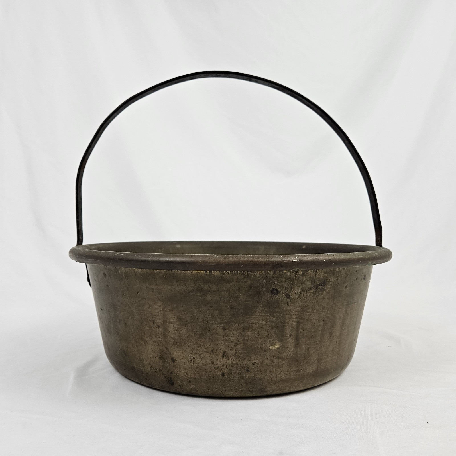 Antique Brass Bean Pot Cauldron Campfire Pan Copper Handle Forged Primitive