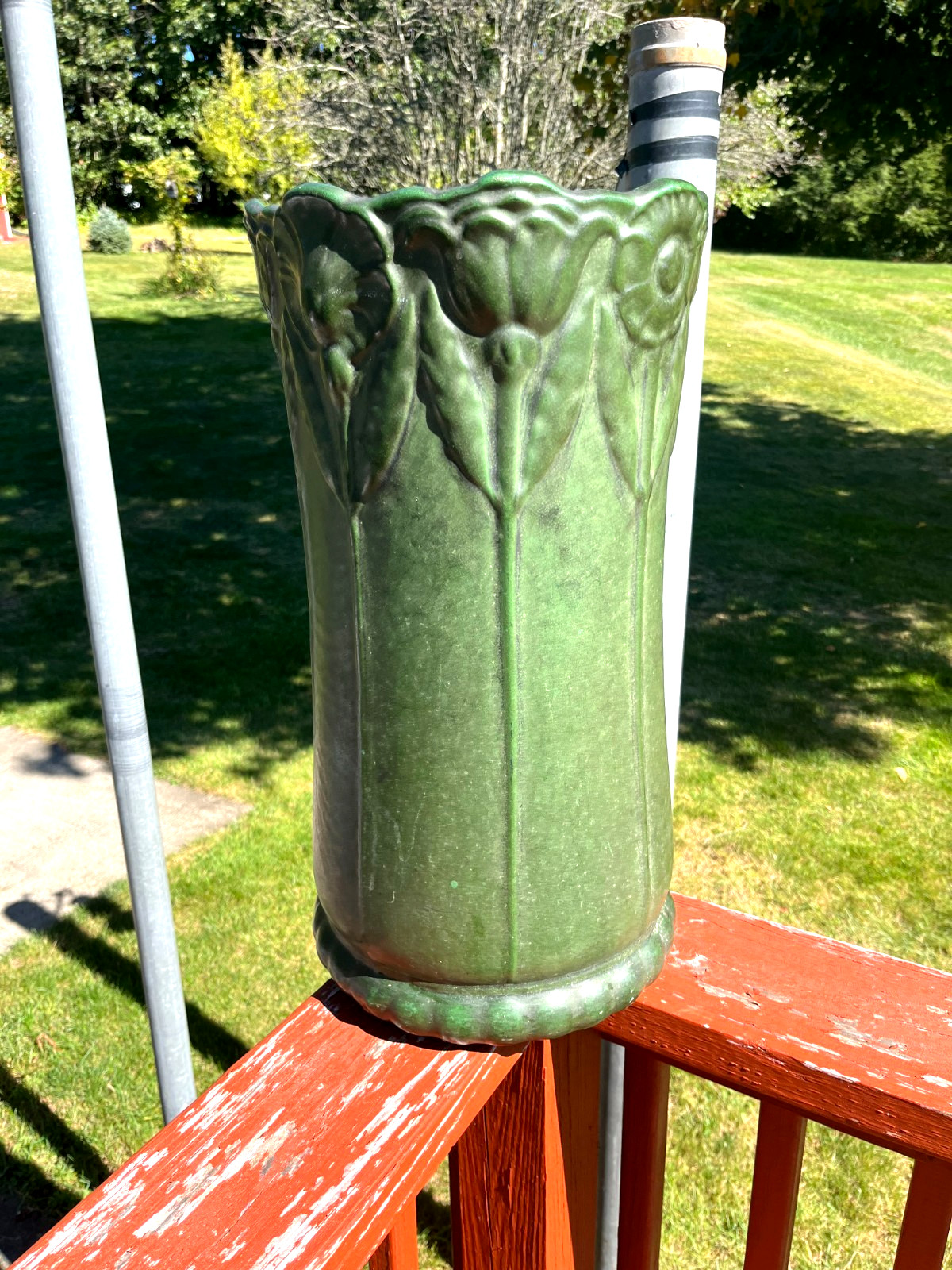 Antique Weller Bedford Matt Green Umbrella Stand with Original Store Label