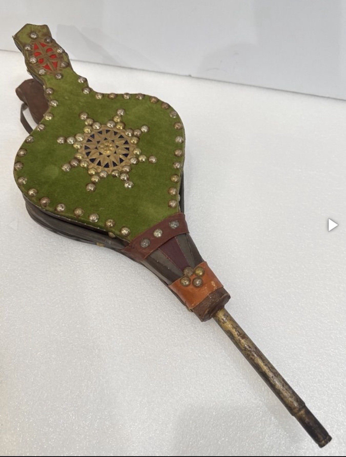 Antique European Folk Art Fireplace Bellows Leather Brass Studded Hearth Decor