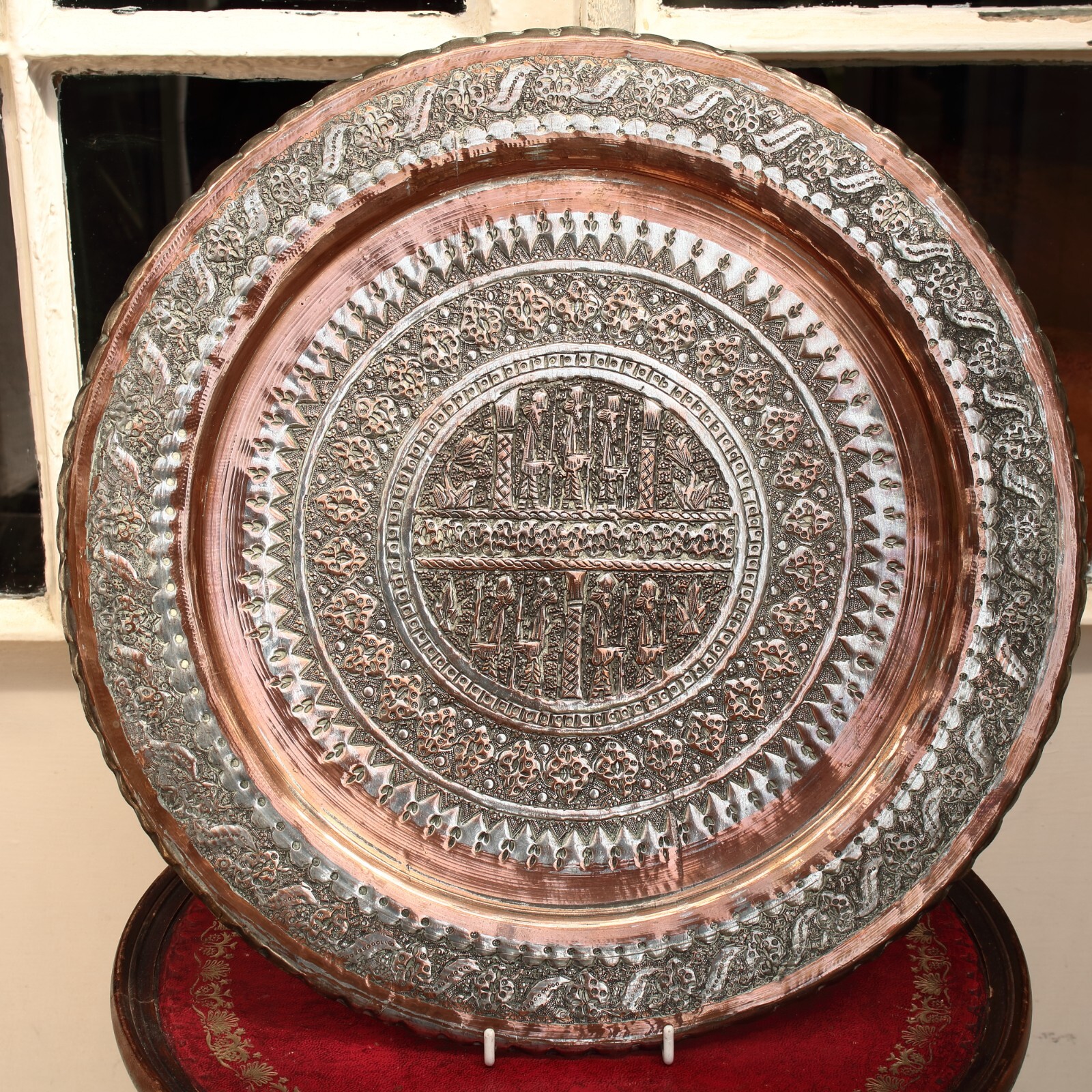 Middle Eastern Tinned Copper Tray Hand Hammered Decorations, 39cm Wide