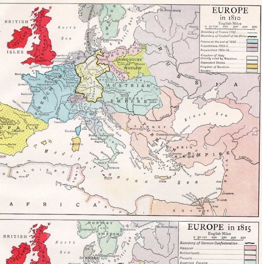 Europe 1810 And 1815 Napoleonic Wars Historical Antique Map Europe 1910