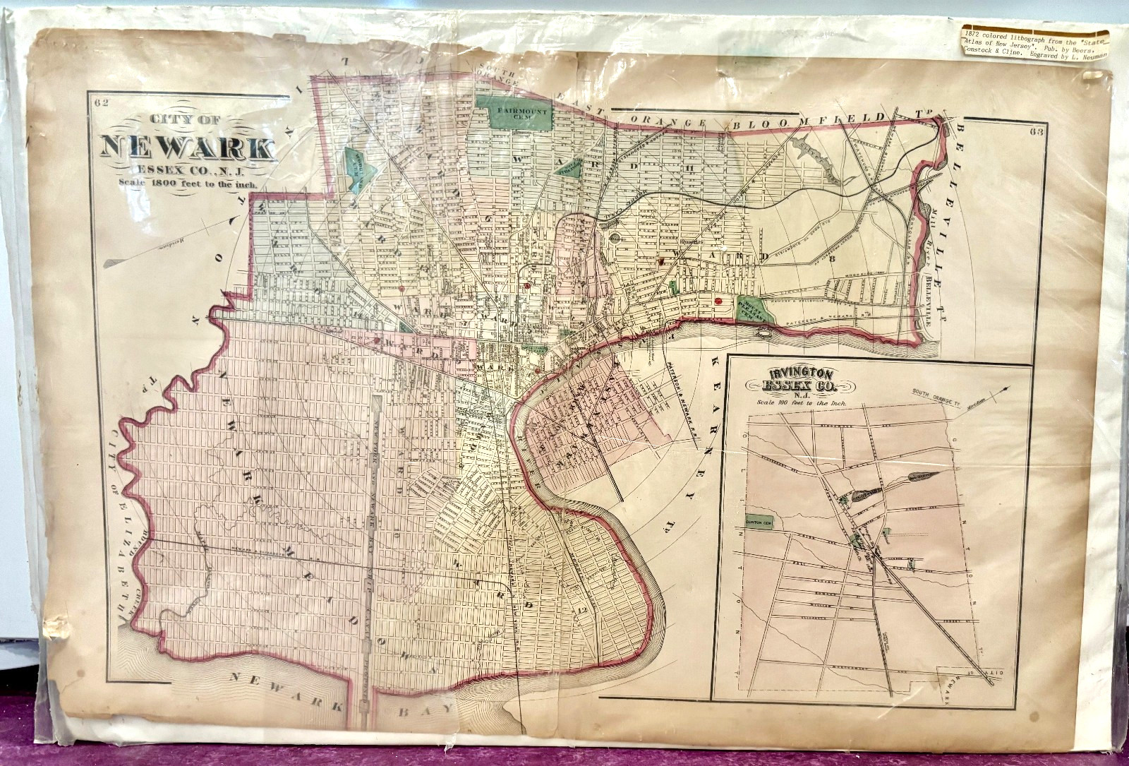 Antique Original NEWARK NEW JERSEY MAP 1872 State Atlas Beers, Comstock & Cline