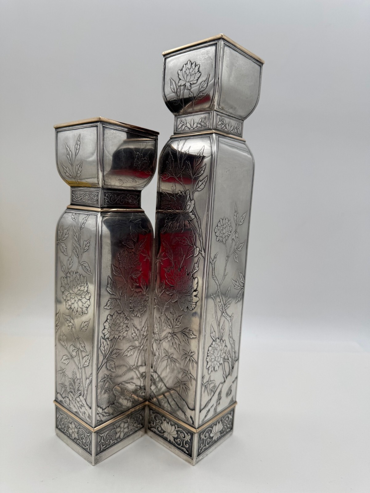 Japonesque Double Vase Sterling Silver 14K Gold Sweetser Co 1915 Acid Etched