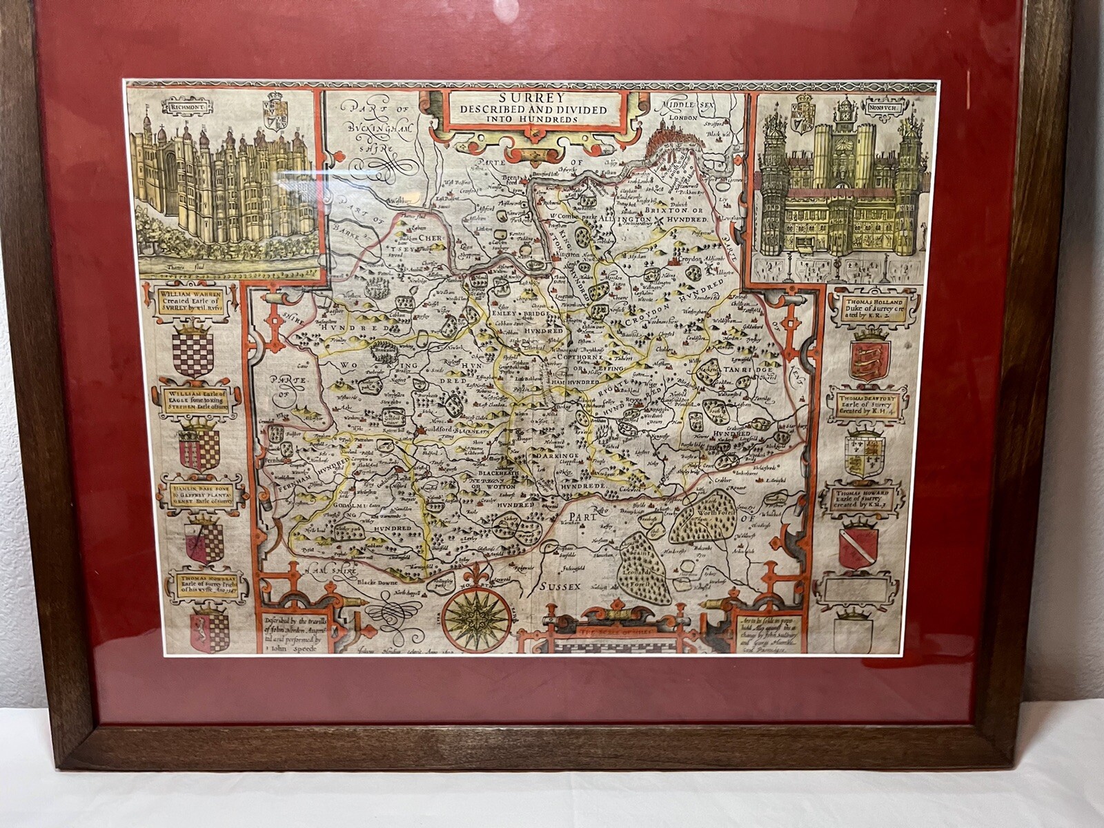 Vintage Map Of Surrey Described And Decided Into Hundreds by Speed c1614
