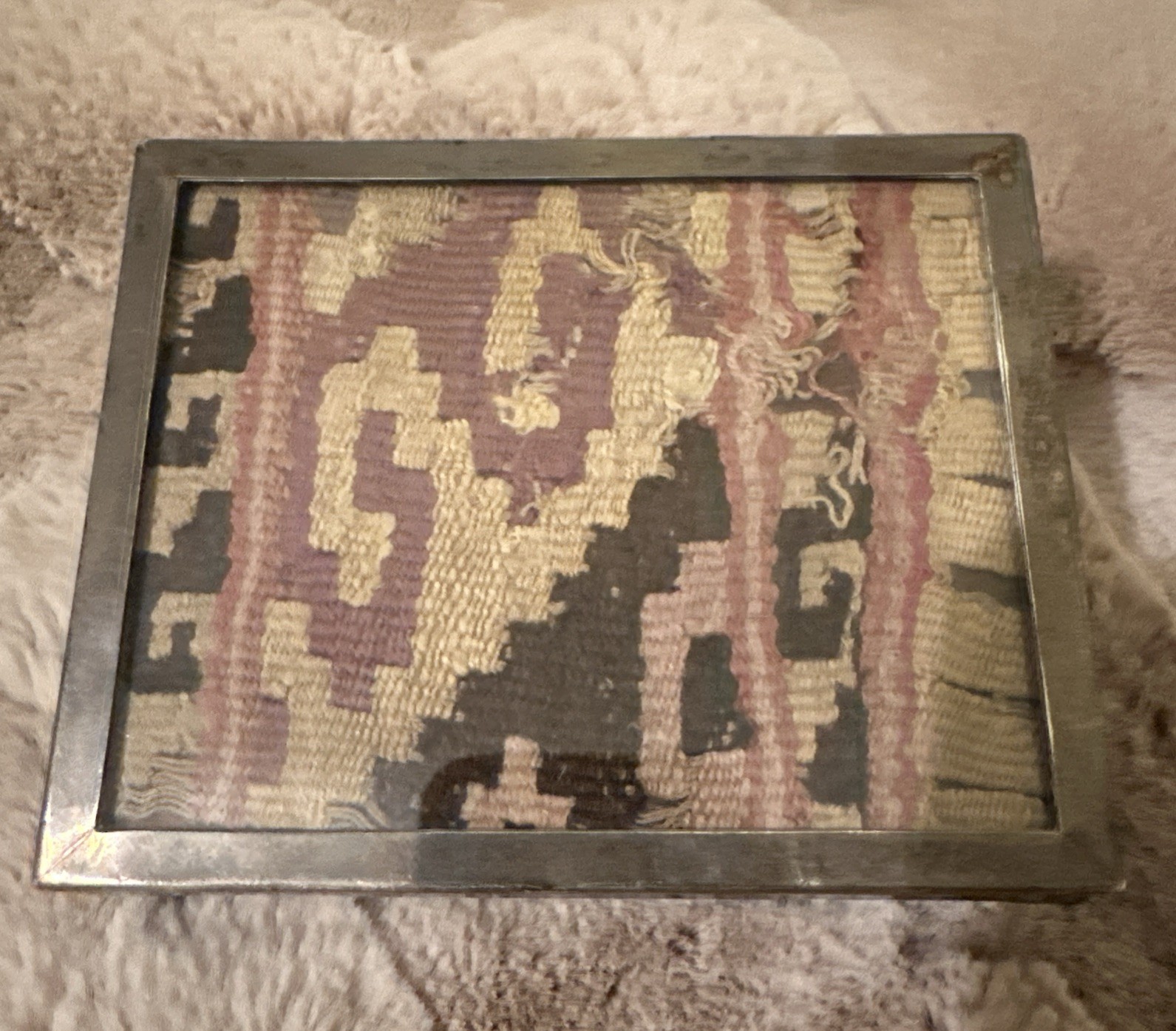 Sterling Silver and Cumaru wood Box with Chancay Textile Fragment from Peru