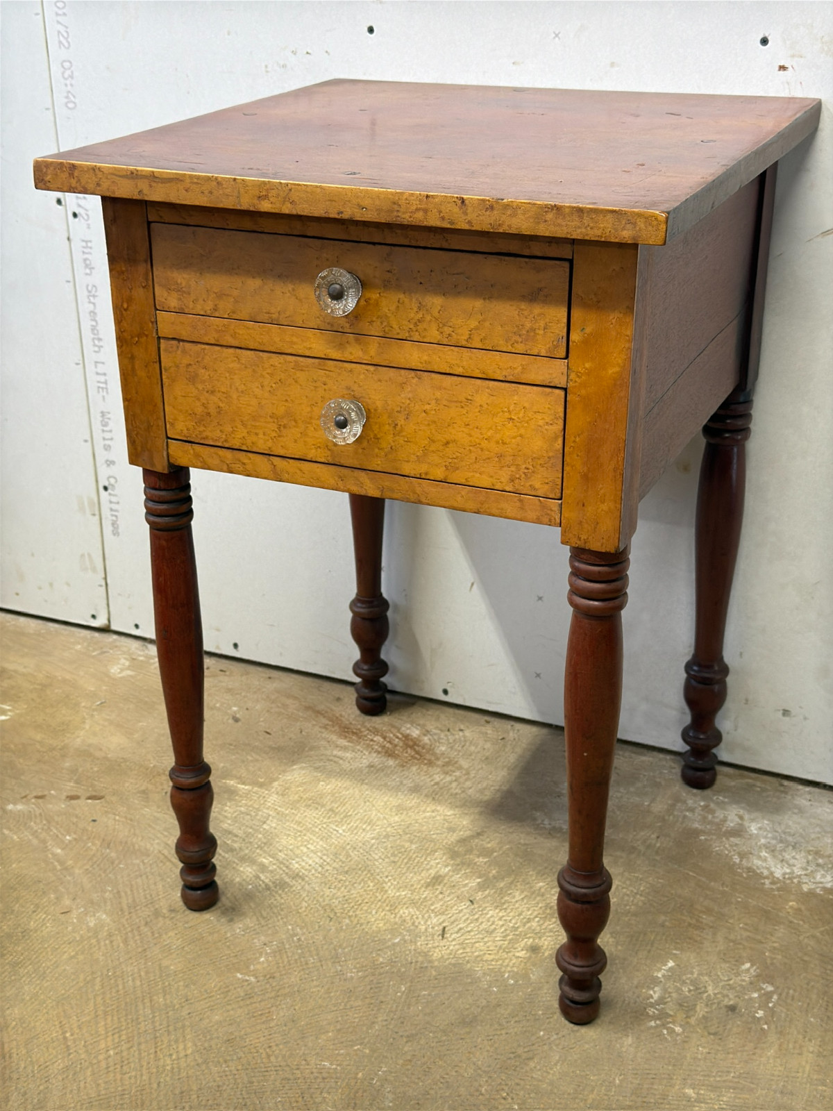 antique Birdseye maple & cherry red wash 2 drawer table stand Country Farm
