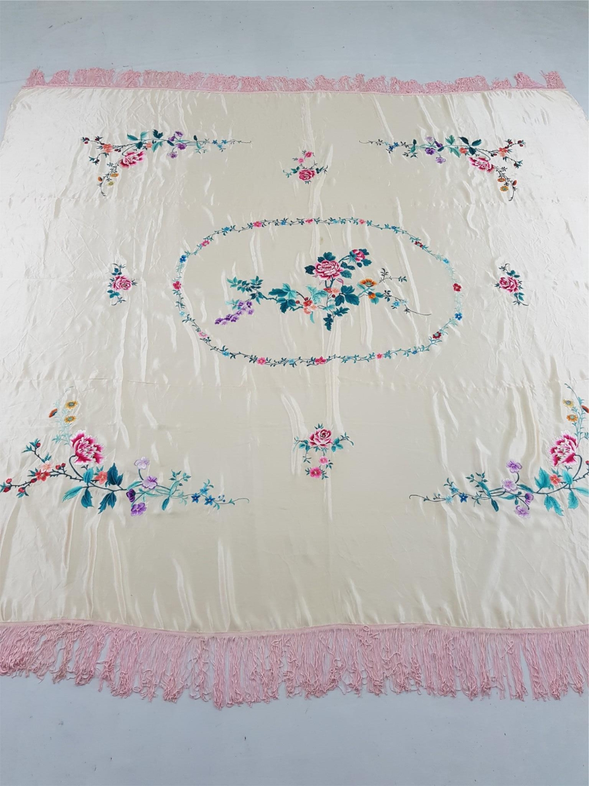 Antique Chinese Hand Embroidered Floral Silk Fringe Panel 88×79 inches