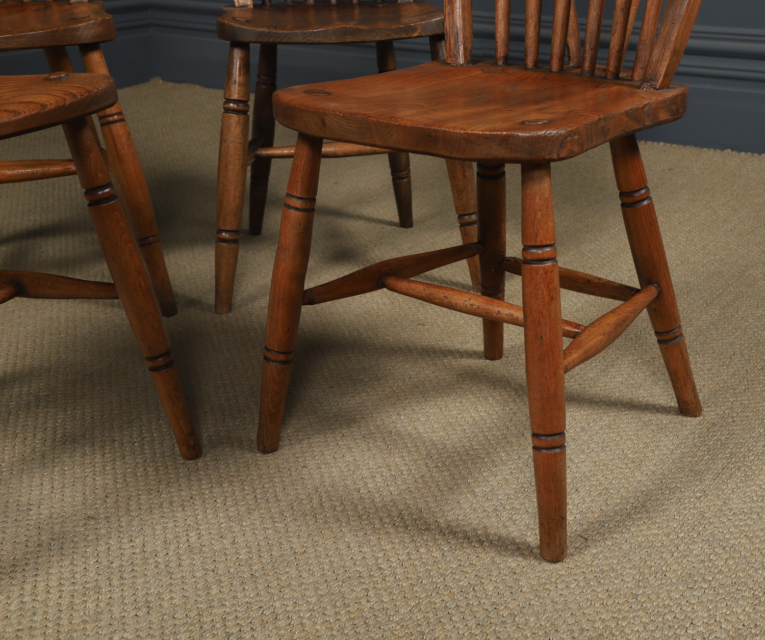 Antique English Ash & Elm Four 4 Windsor Hoop & Stick Back Kitchen Dining Chairs