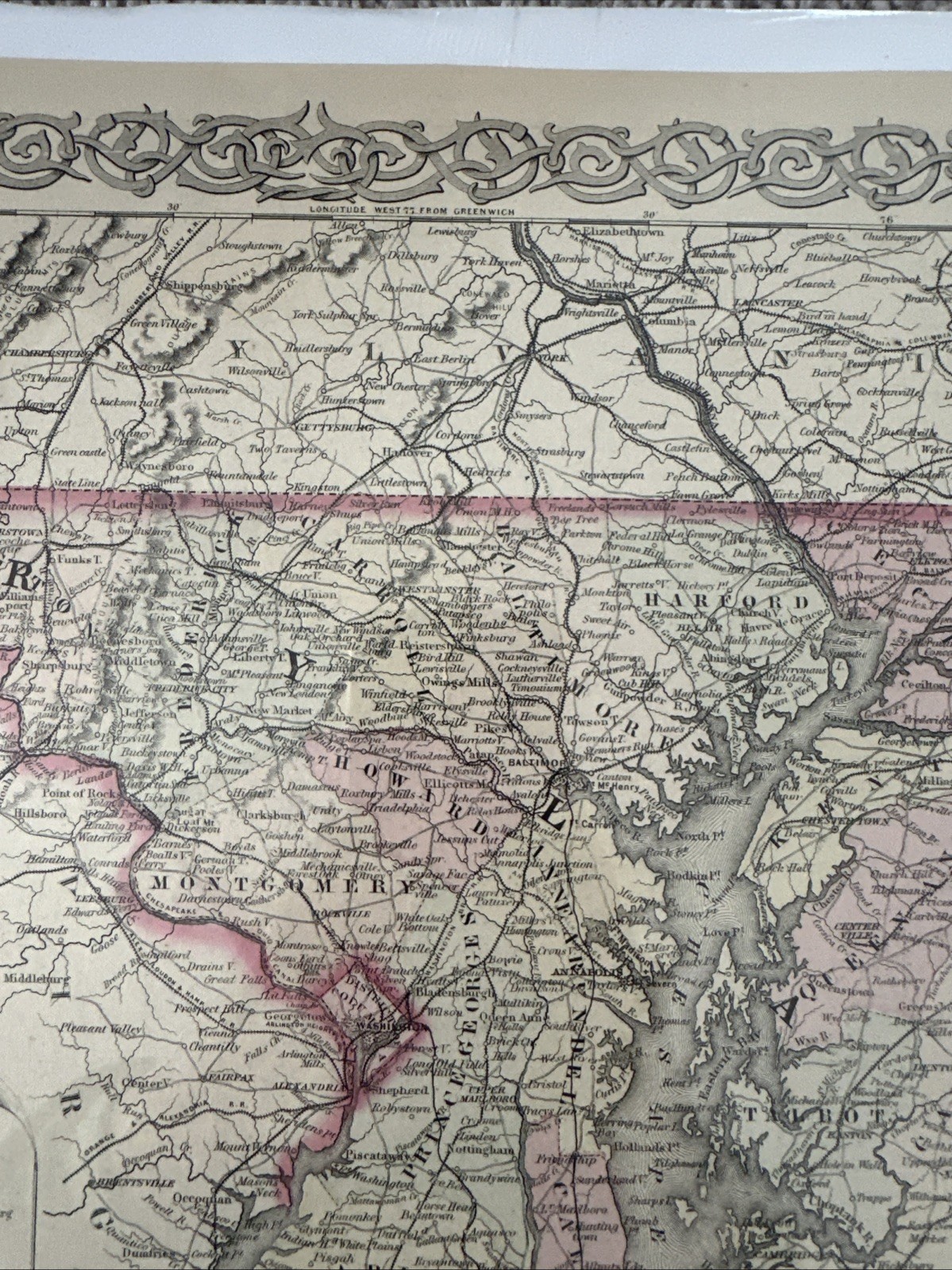 Original 1855 Colton Map MARYLAND DELAWARE Mason-Dixon Line Washington DC Canal