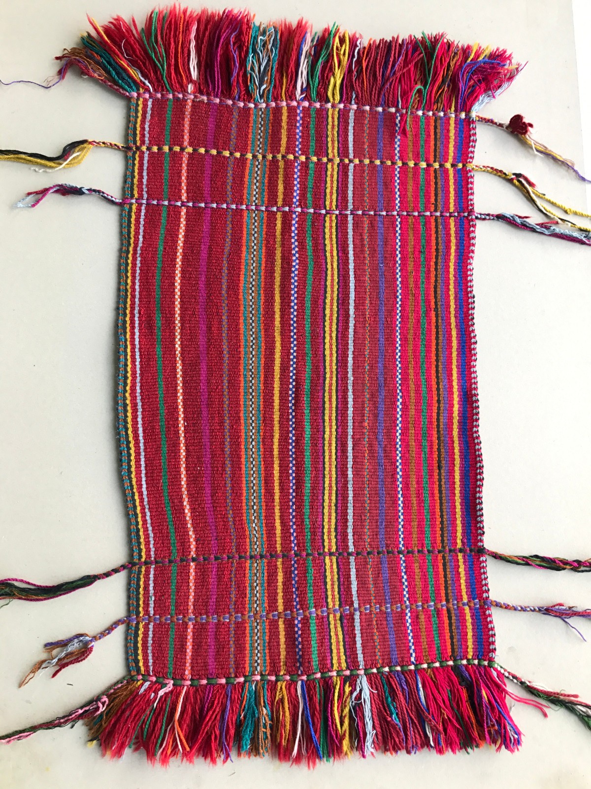 Vtg Bedouin Handwoven Tribal Rug, Multi-color 100% wool, 40 x 20 in. w Fringe