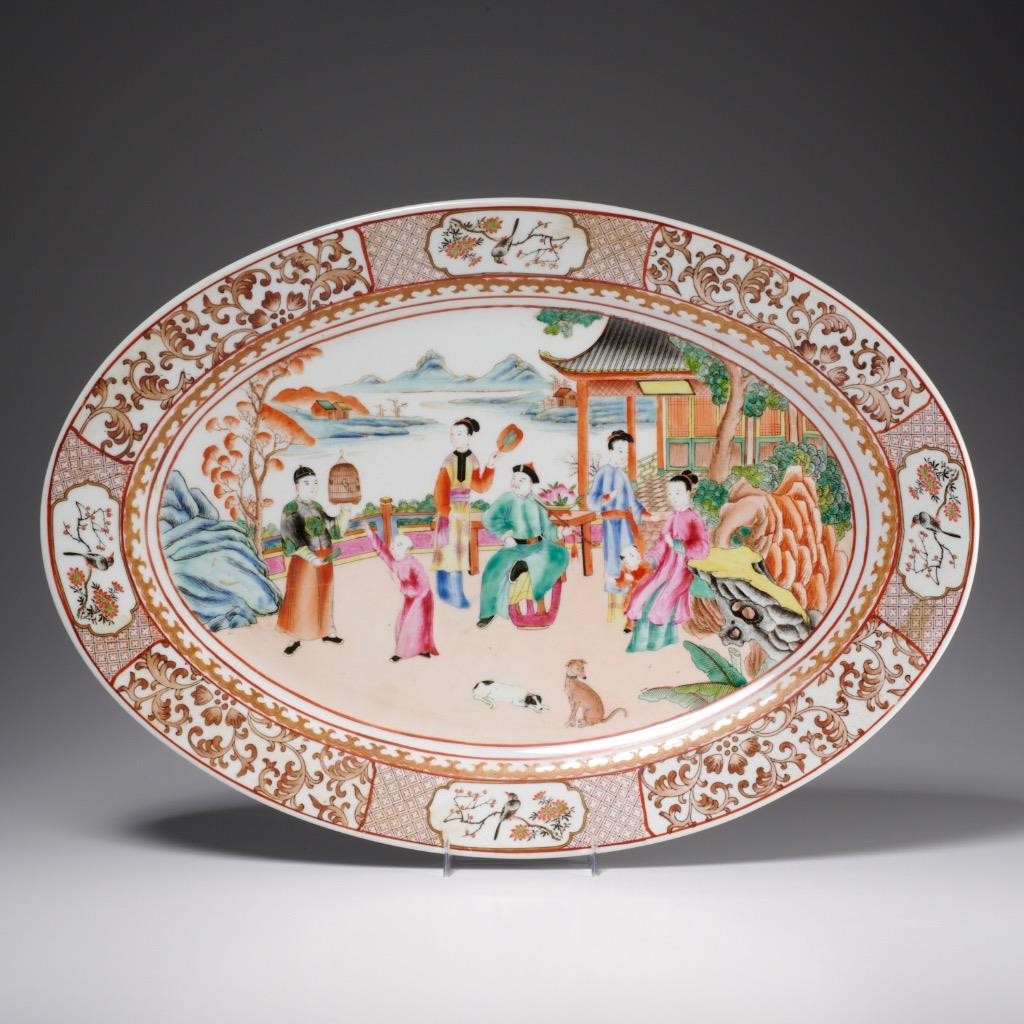 Antique Chinese Qing Dynasty Imperial Garden Famile Rose Serving Platter 20.5″