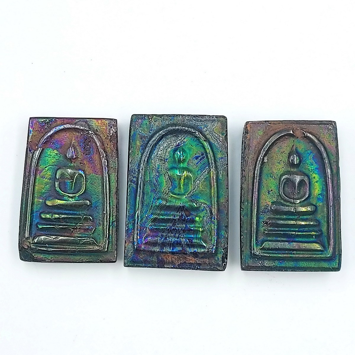 Phra Somdej Carved from Rainbow 7-Color Lek Lai Mineral Amulet (3 Pcs Set)