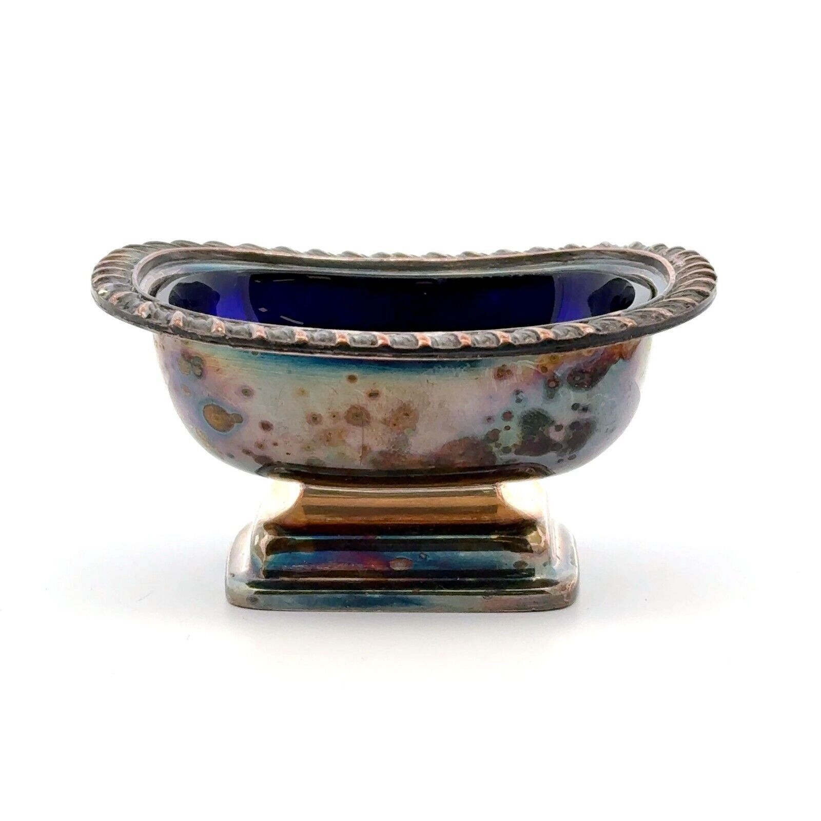 Barker Bros Silver Plate on Copper Salt Cellar w/ Cobalt Blue Glass Liner