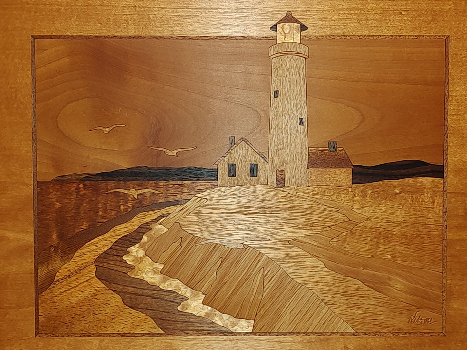 HUDSON RIVER INLAY PICTURE – LIGHTHOUSE – WOOD MARQUETRY by NELSON 13 X 16