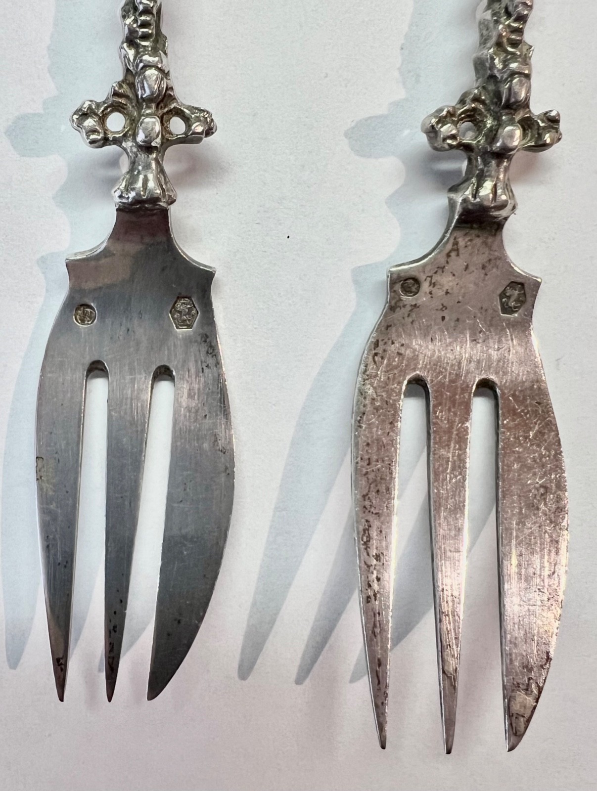 Pair Dutch silver figural handle Flying Dutchman Fluyt cargo ship pastry forks