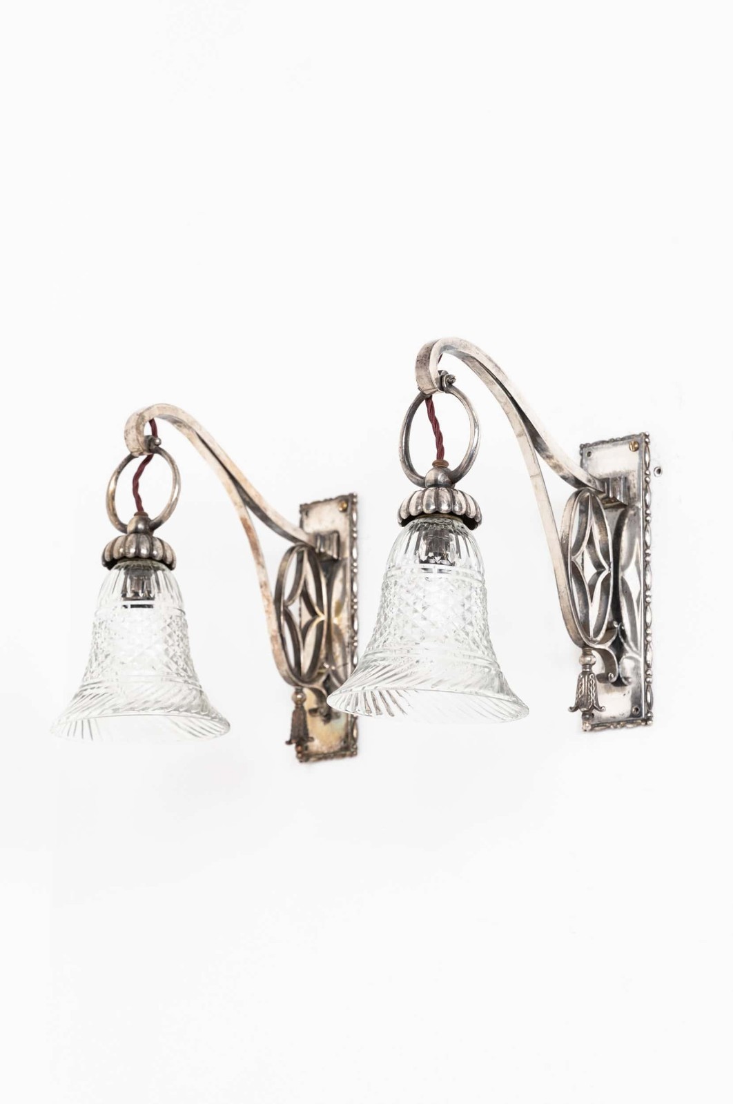 Antique Pair Early Art Nouveau Silver Plated GEC Brass Wall Lamp Sconces