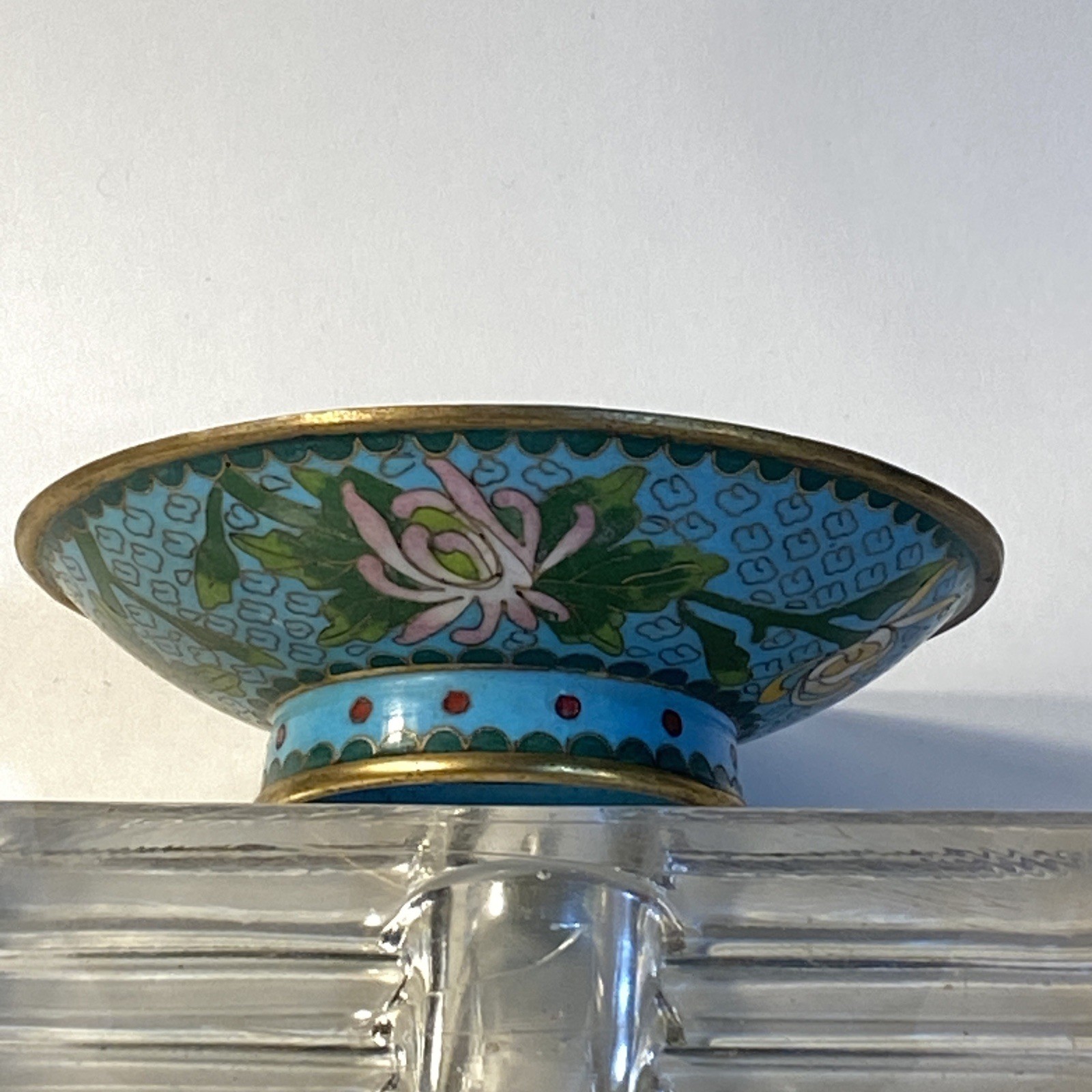 9cm Antique Vintage Chinese Cloisonné Brass Enamel Floral Dish or Jewelry Tray