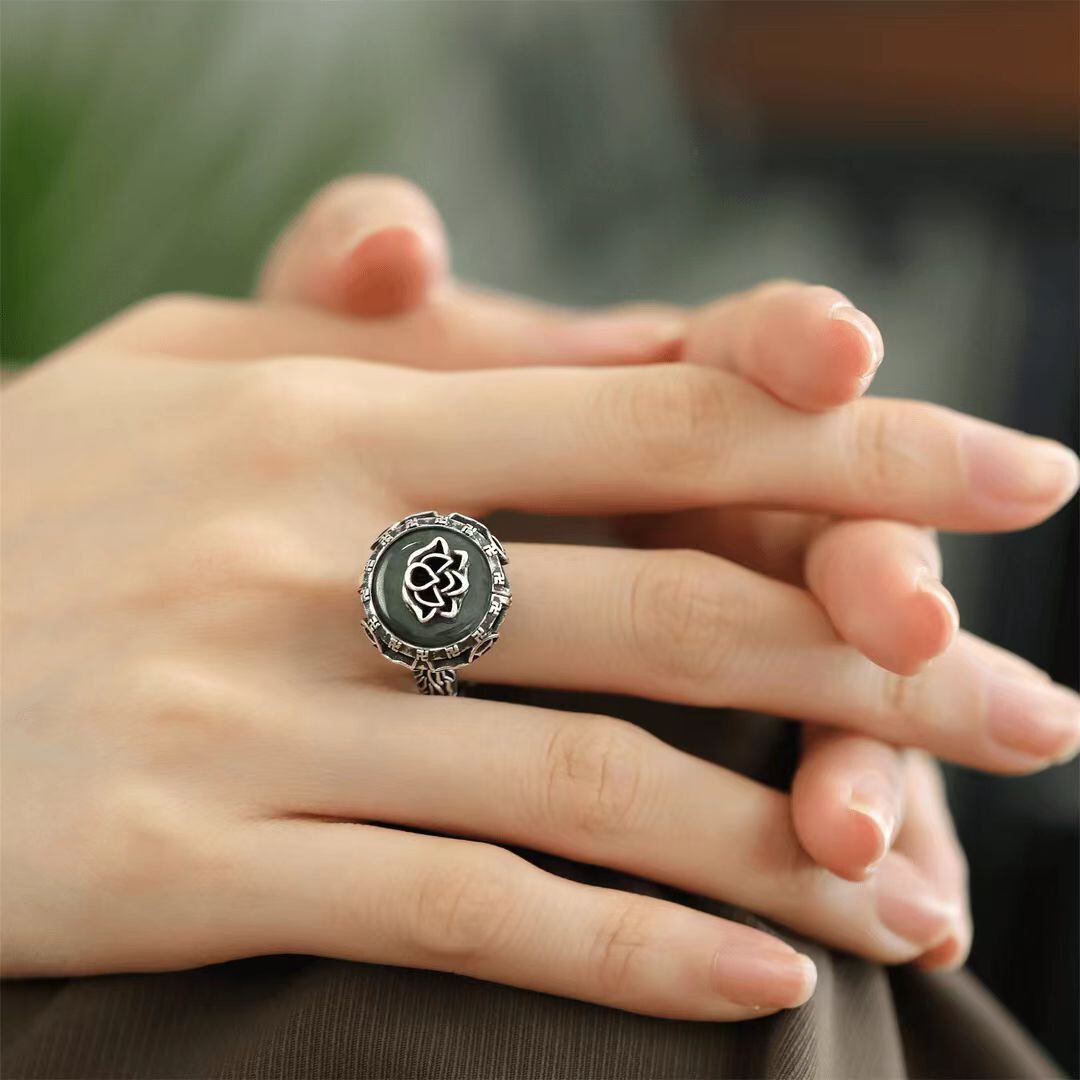 Antique Old Chinese Cloisonne Silver Inlay Gems Flower Jewelry Figure Ring