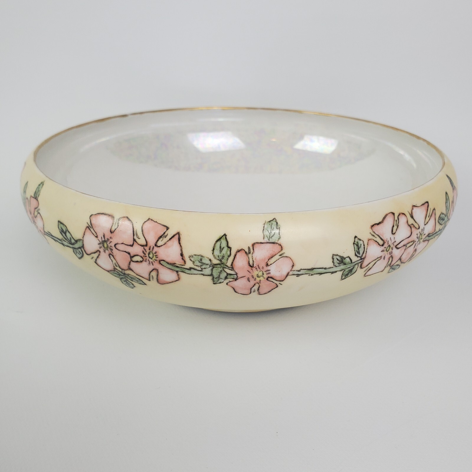 Antique Handpainted Floral Bowl Pearl Iridescent Interior Artist Signed 1924