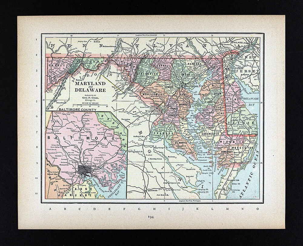 1894 Cram Map Maryland Delaware Washington DC Baltimore MD Dover Chesapeake Bay