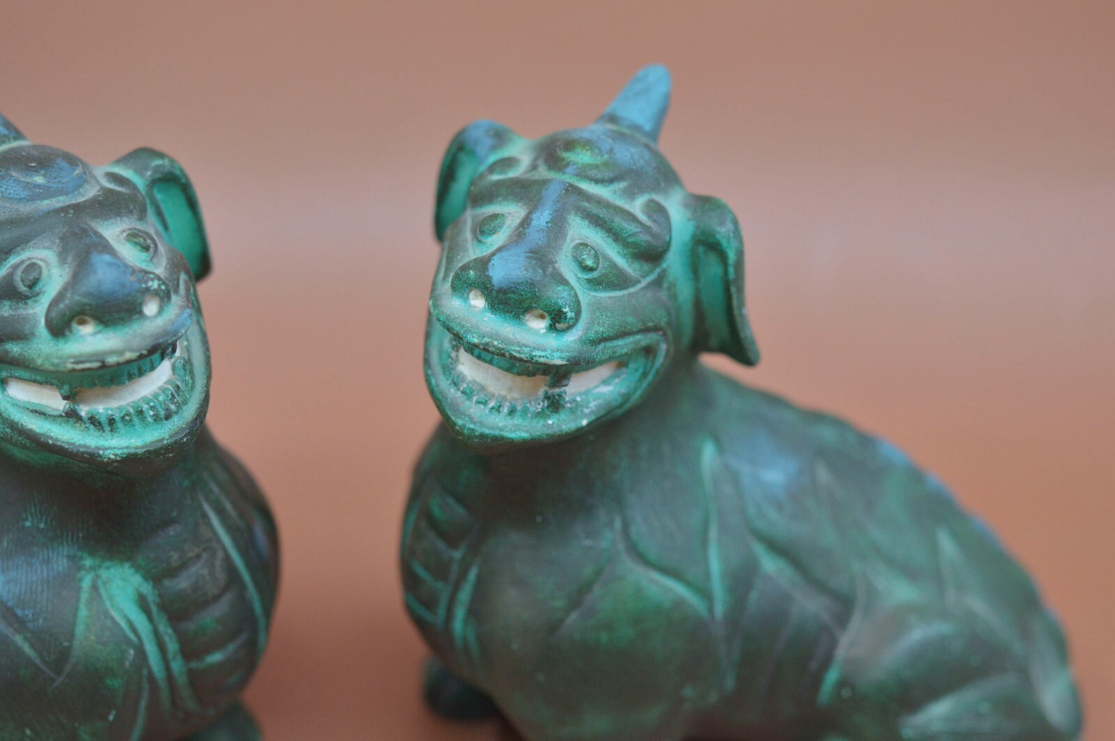 Antique, Chinese, ceramic, matte , pair Fu lions, 6 inches tall