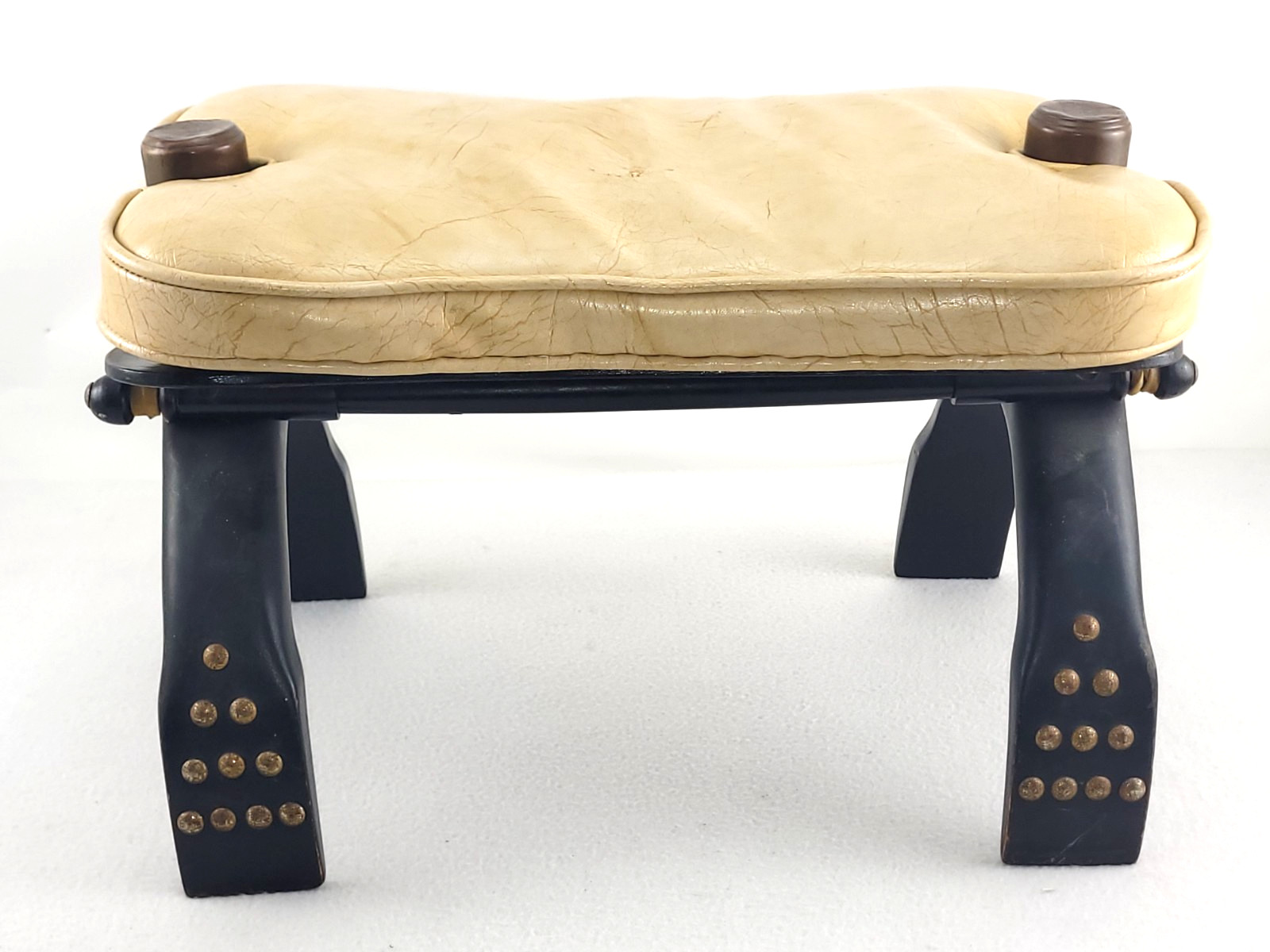 Egyptian Camel Saddle Studded Black Wood Embossed Leather Seat Foot Stool Brass