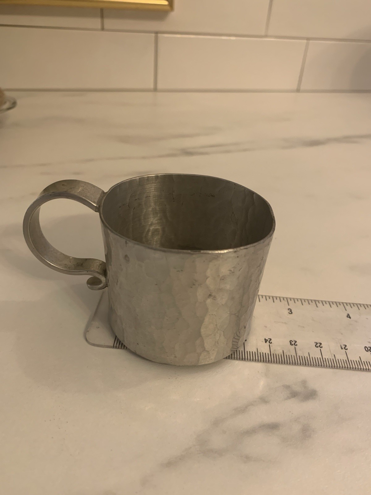 ✨Antique Hand Engraved Hallmarked Pewter Small Cup Primitive Piece Scroll Handle