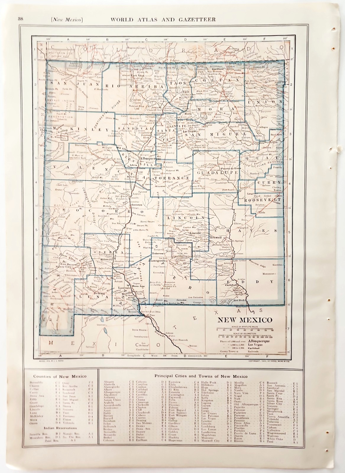1914 New Mexico State Map Collier World Atlas Gazetteer Antique Southwest USA