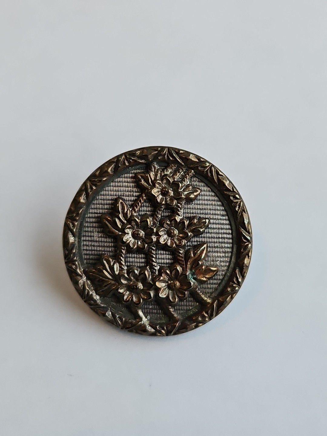 Large Antique Brass Picture Button With Flowers 1″ In Diameter. (QQ)