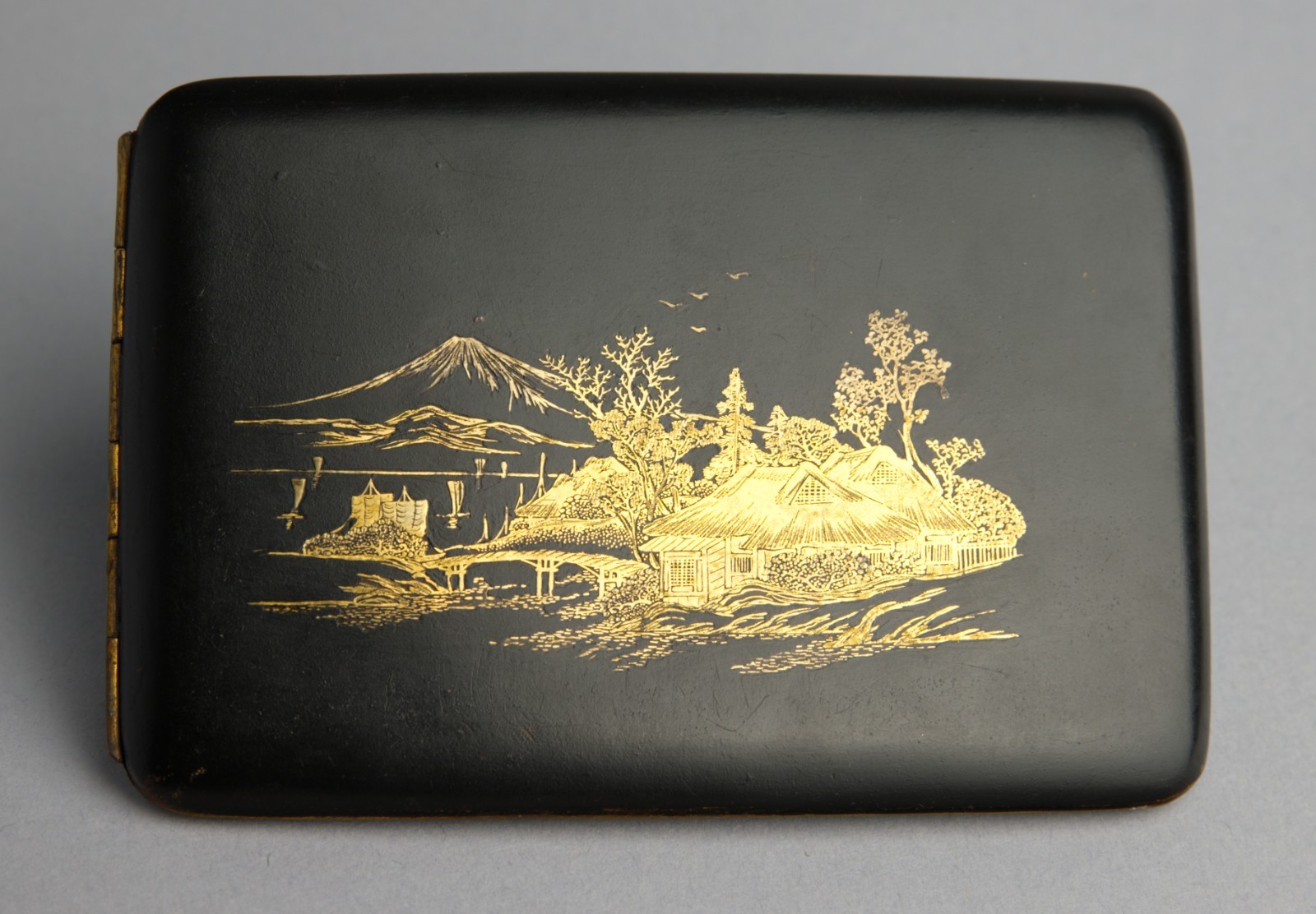 Japanese Komai Style Damascene Cigarette Case Gold Inlay Mt Fuji Heron Landscape