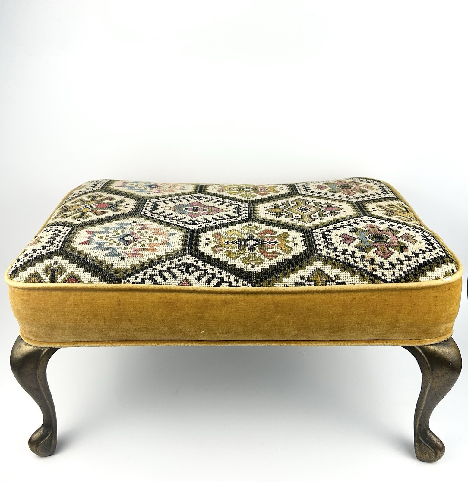 Antique Vintage Geometric Needlepoint Tapestry Velvet Foot Stool Brass Legs