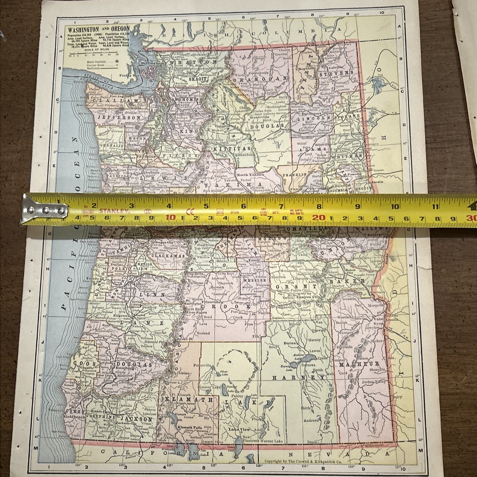 Antique Colorful 1908 Map Of Washington & Oregon 13.5 x 10.5 Inches