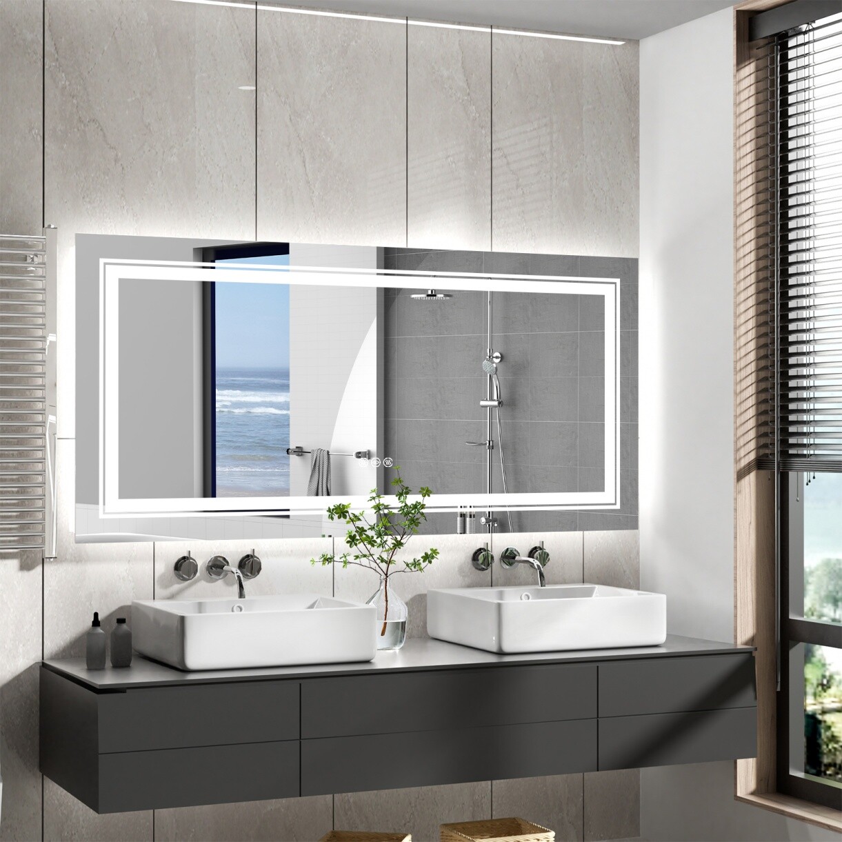 WISFOR Dimming Led Backlit Lighted Wall Mirror W/ Demister Pad, US Plug/Hardwire