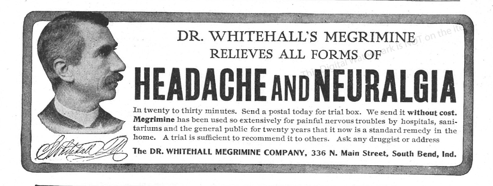1907 Dr Whitehall’s Megrimine for Headache + Neuralgia Ad * Medicine Health