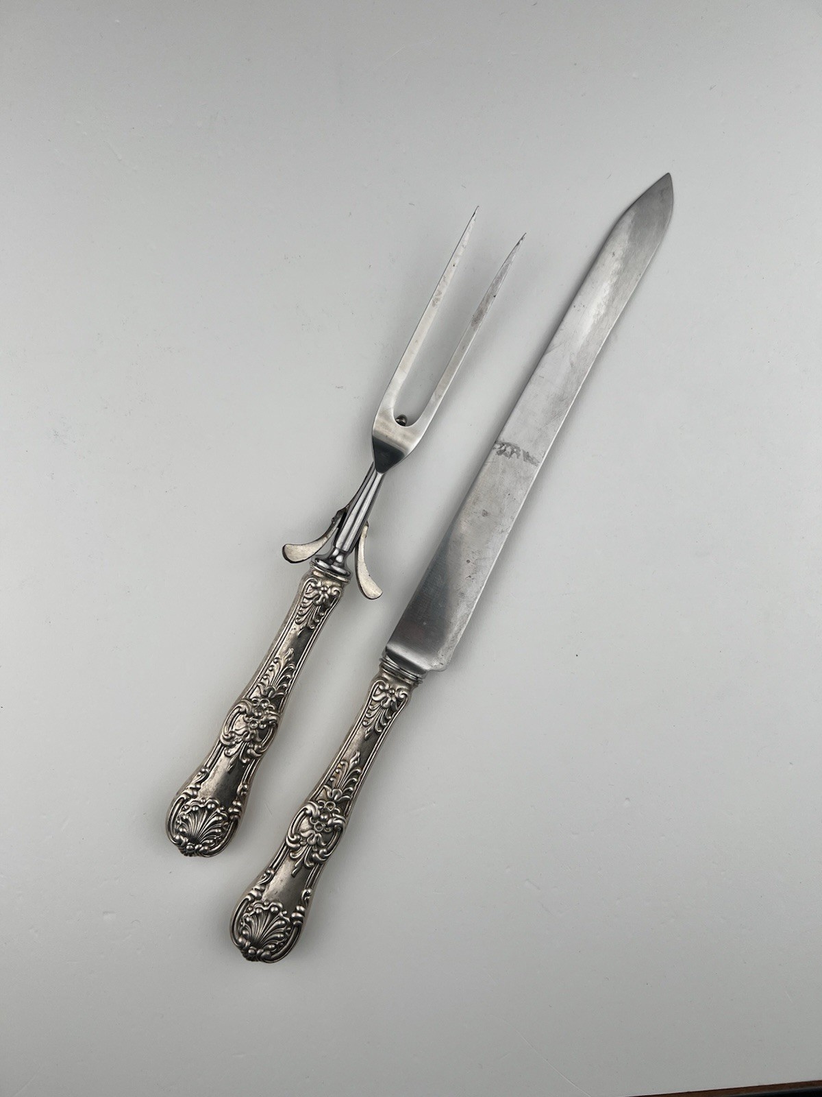 Tiffany Co. ” King ” Sterling Handle Roast Carving Set 8.9ozt 14.5″ 11″ – 1293B