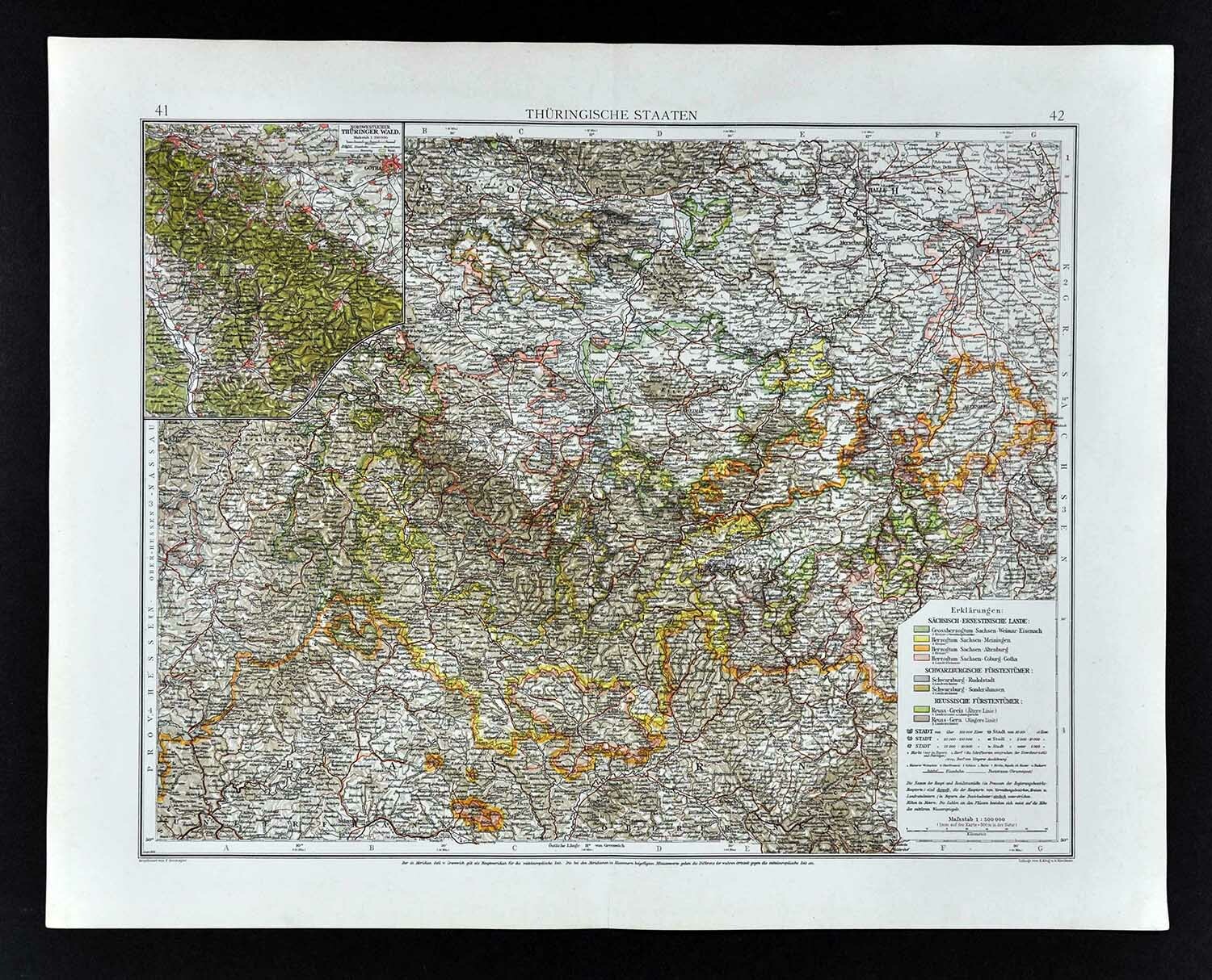 1901 Andrees Map Germany Thuringische Thuringia Frankfurt Gotha Weimar Halle