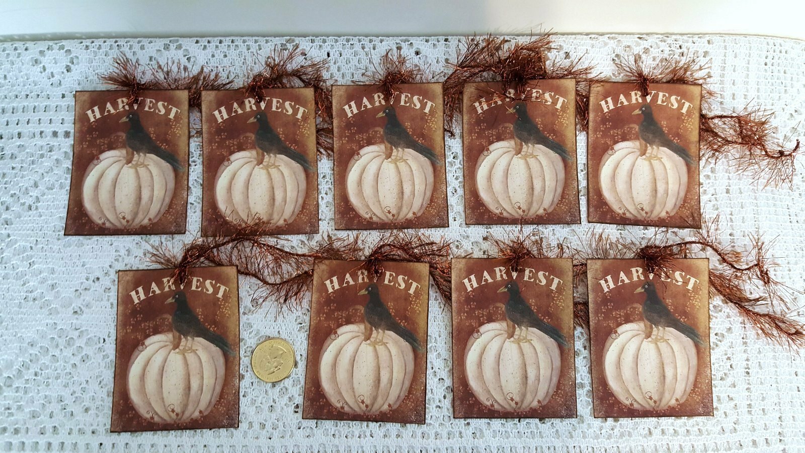 9~Primitive~Harvest~White Pumpkin~Fall~Autumn~Linen Cardstock~Gift~Hang~Tags