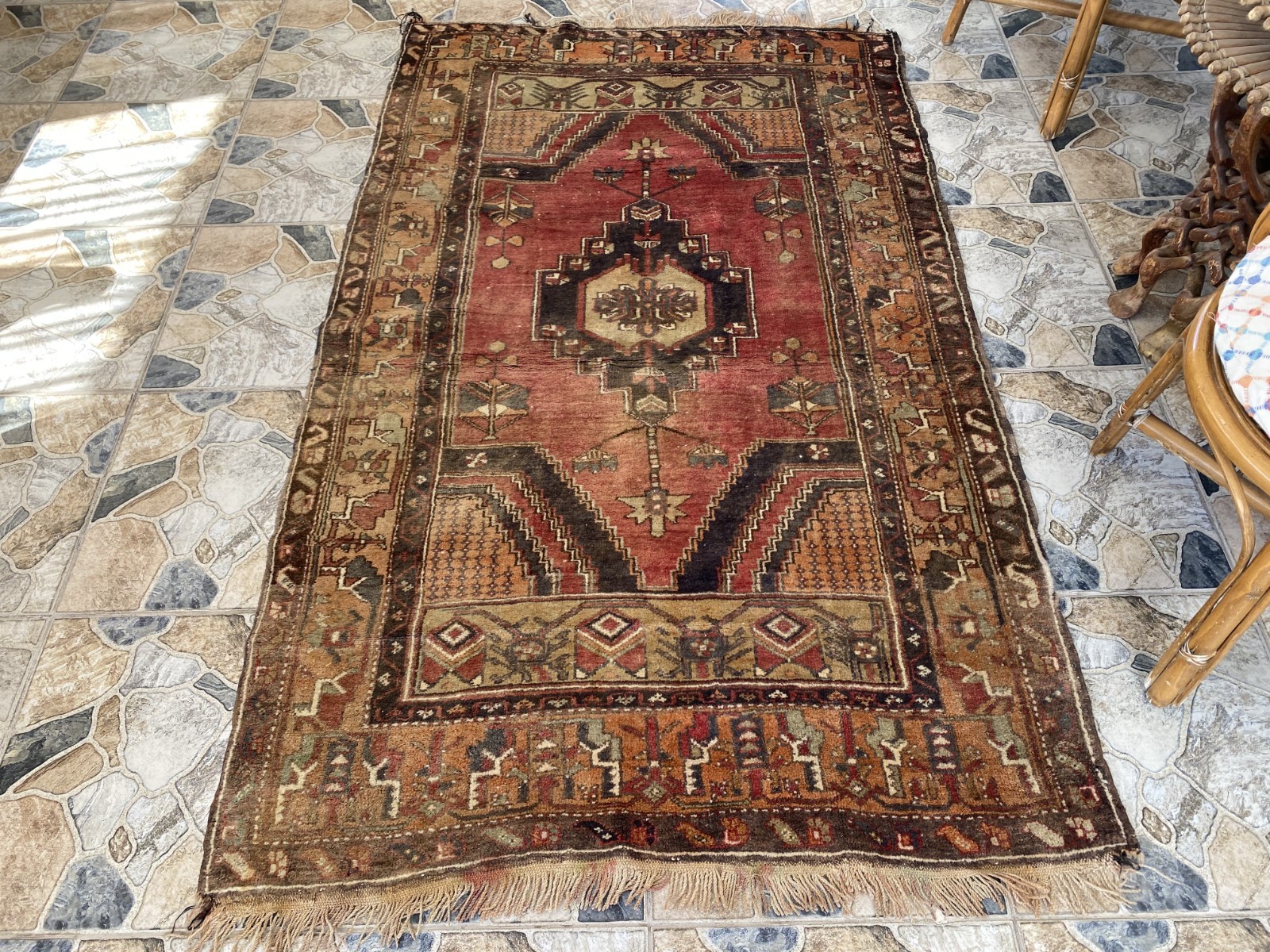 Antique Vintage Turkish Oushak Rug 4×6.6 ft Hand-Knotted Wool Tribal Geometric