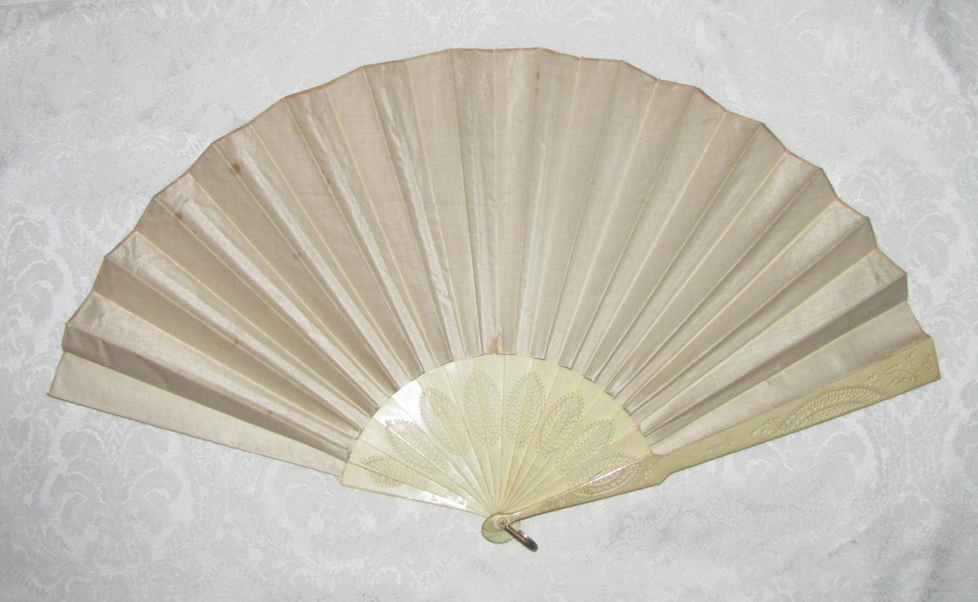 Antique Victorian Fan Hand Painted Satin Leaf Bone Sticks 1880’s