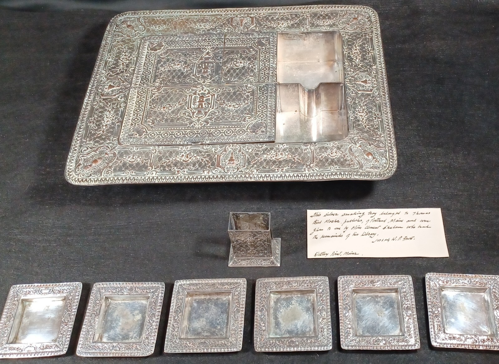 Antique 19th C 8pc Silverplate Smoking Set E.G Webster & Son Lighthouse-Ashtrays
